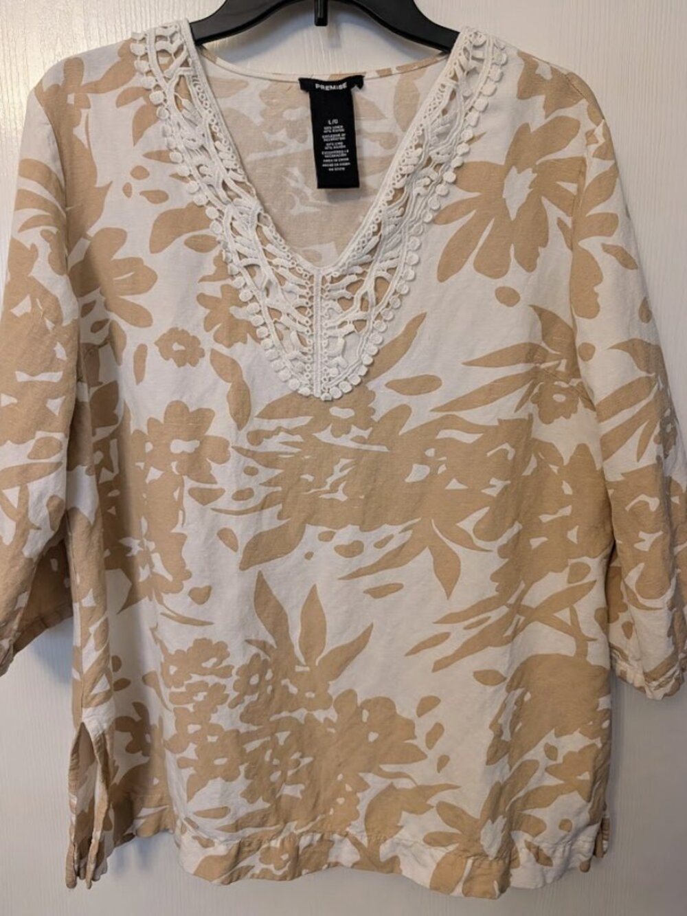 Premise white and tan‎ linen 3/4 tunic top Size L
